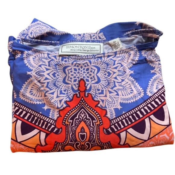 George Simonton Tops - George Simonton Womens 3X Wedgewood and Coral Placed Print Milky Knit Elbow Slee